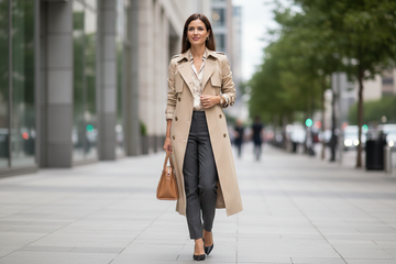 Chic women's long trench coat styled for a modern city look, perfect for fashion-forward luxury shoppers