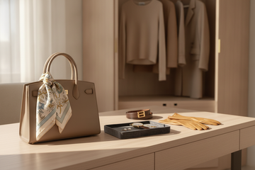 Elegant women’s luxury accessories guide featuring a designer handbag, silk scarf, jewelry, belt, and gloves