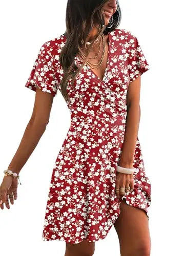 RUMIA Women's Wrap V-Neck A-Line Ruffle Sleeve Casual Sundress