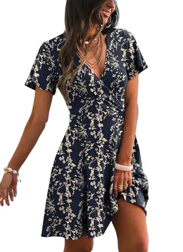 RUMIA Women's Wrap V-Neck A-Line Ruffle Sleeve Casual Sundress