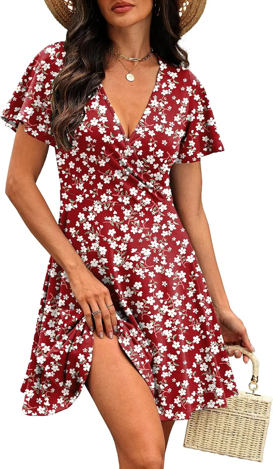 RUMIA Women's Wrap V-Neck A-Line Ruffle Sleeve Casual Sundress
