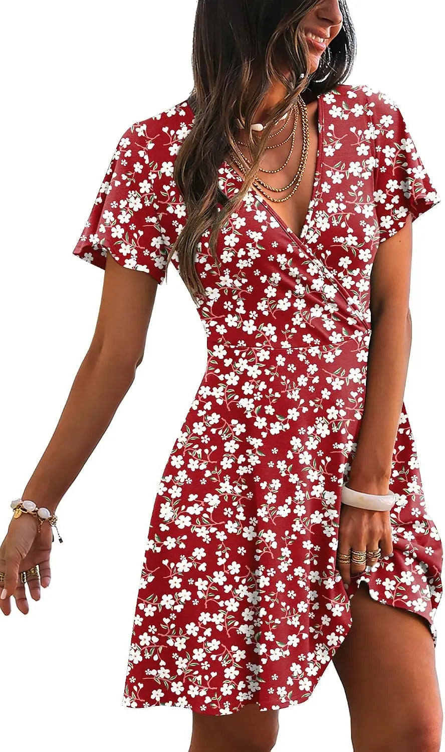 RUMIA Women's Wrap V-Neck A-Line Ruffle Sleeve Casual Sundress