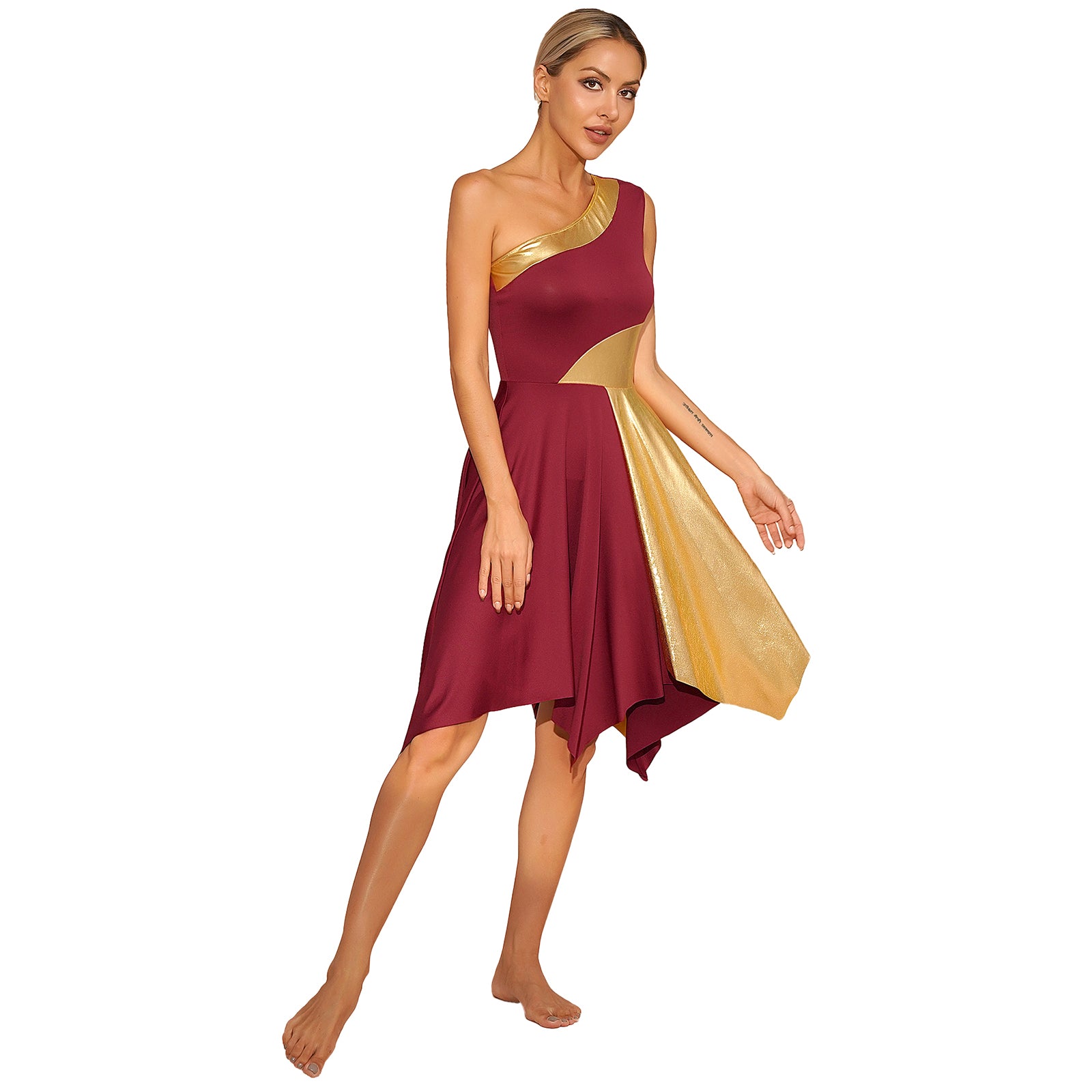TrendLux Women's Polyester-Spandex One-Shoulder Metallic Lyrical Dance Worship Dress