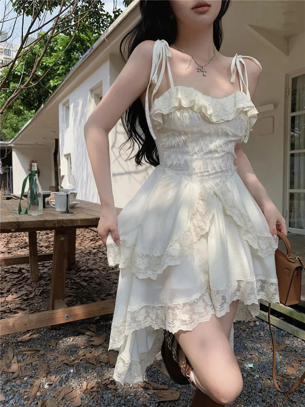 TrenLux Wear Women's Polyester-Cotton Lace Ruffle Off-Shoulder Sling Midi Dress The Glow Sanctuary