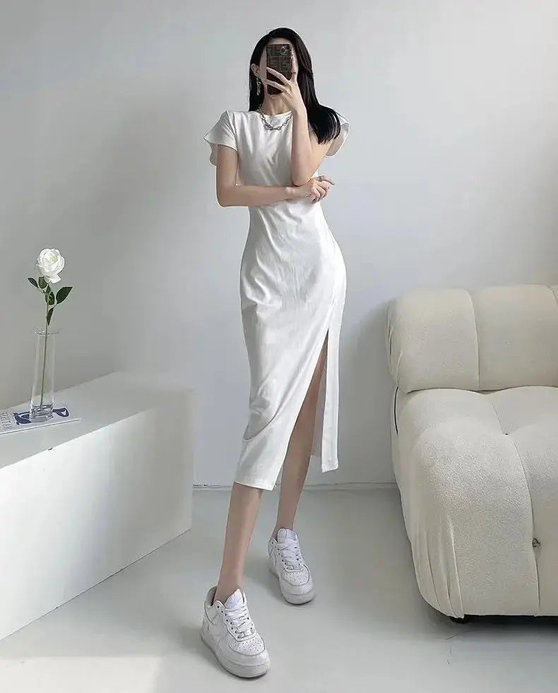 TrenLux Wear Women's Cotton Y2K Asymmetrical Hem Casual Midi Dress The Glow Sanctuary