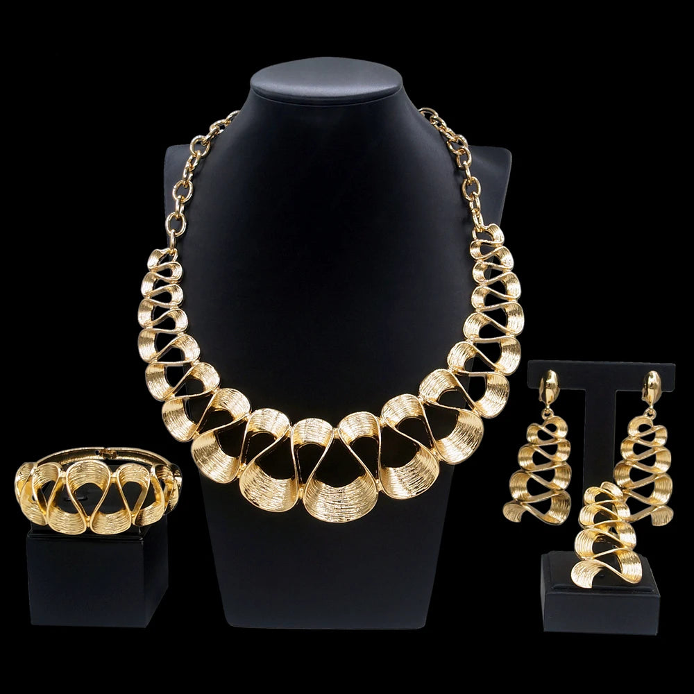 Women's Gold Plated Wavy Pendant Necklace & Earrings Set. TrenLux Wear
