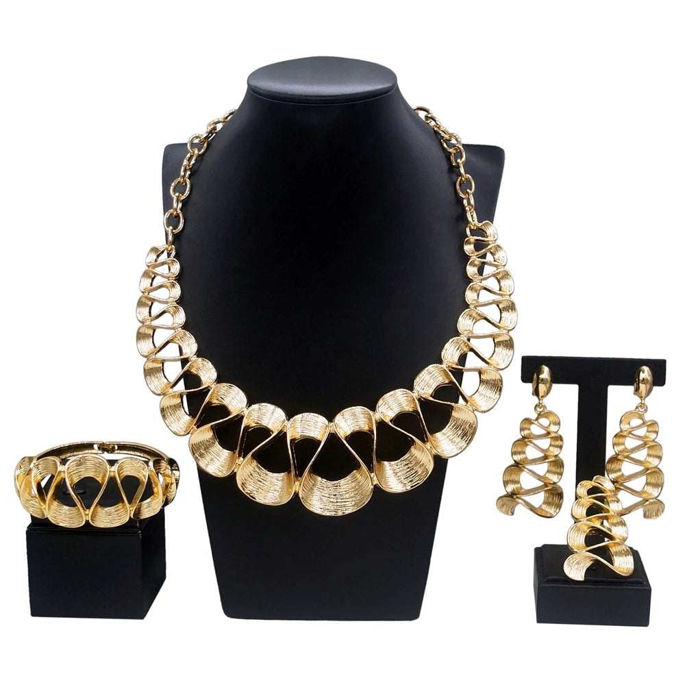 Women's Gold Plated Wavy Pendant Necklace & Earrings Set. TrenLux Wear