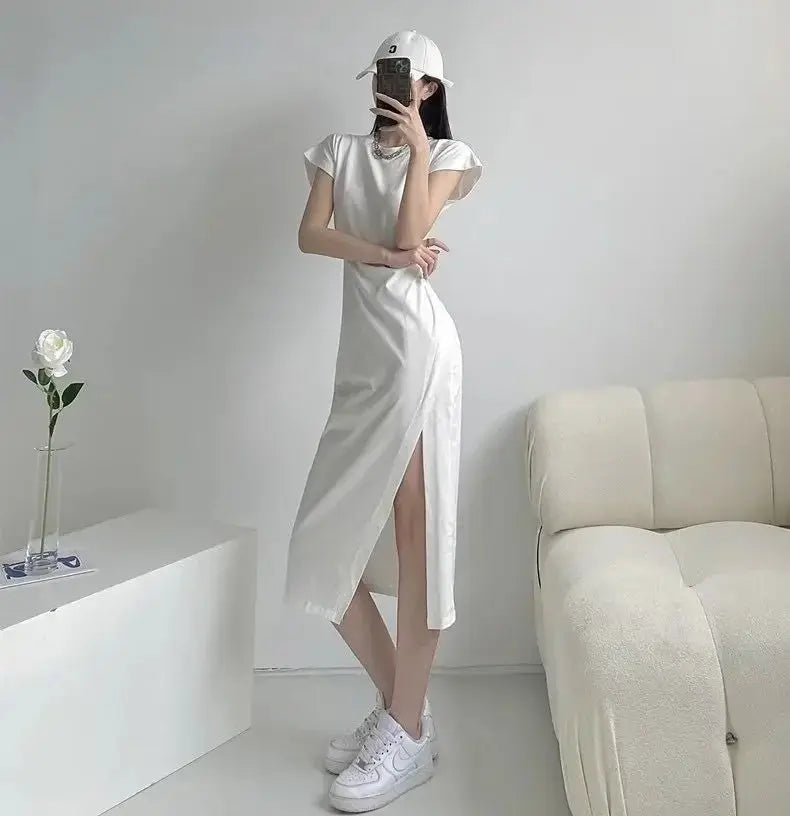 TrenLux Wear Women's Cotton Y2K Asymmetrical Hem Casual Midi Dress The Glow Sanctuary