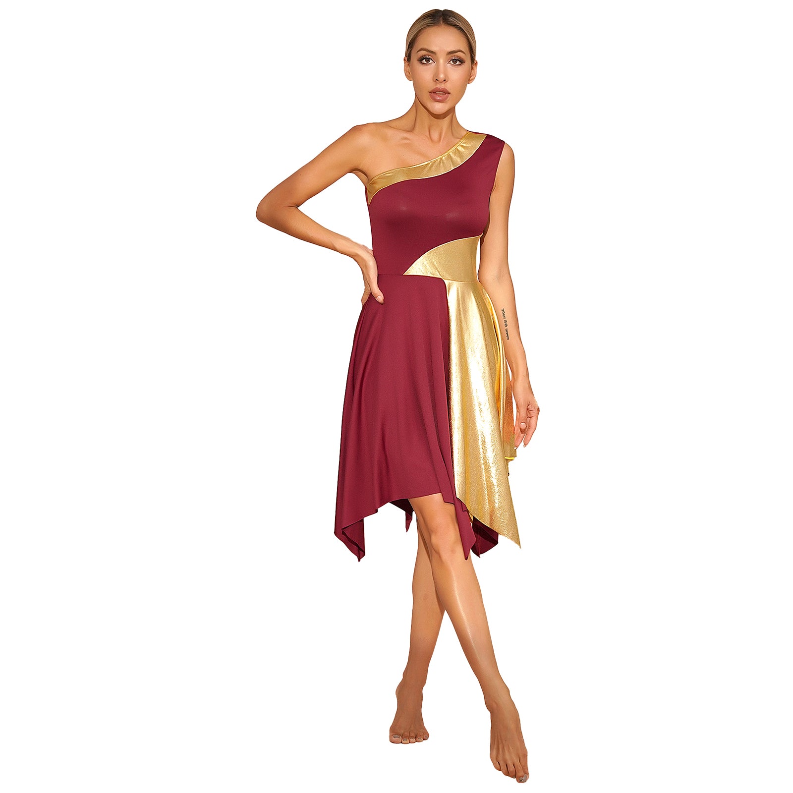 TrendLux Women's Polyester-Spandex One-Shoulder Metallic Lyrical Dance Worship Dress