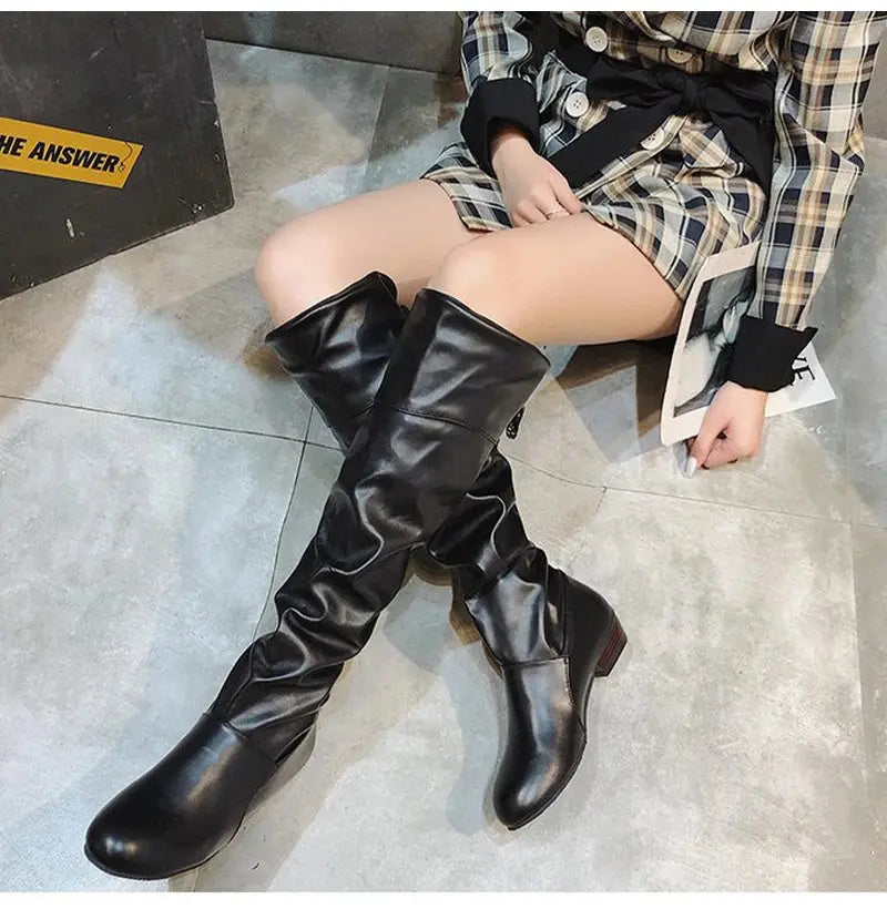 TrenLux Wear Women's Pleated Lace-Up Knee-High Boots — Low Heel, Black, White & Red, Sizes 35–43 TrenLux Wear
