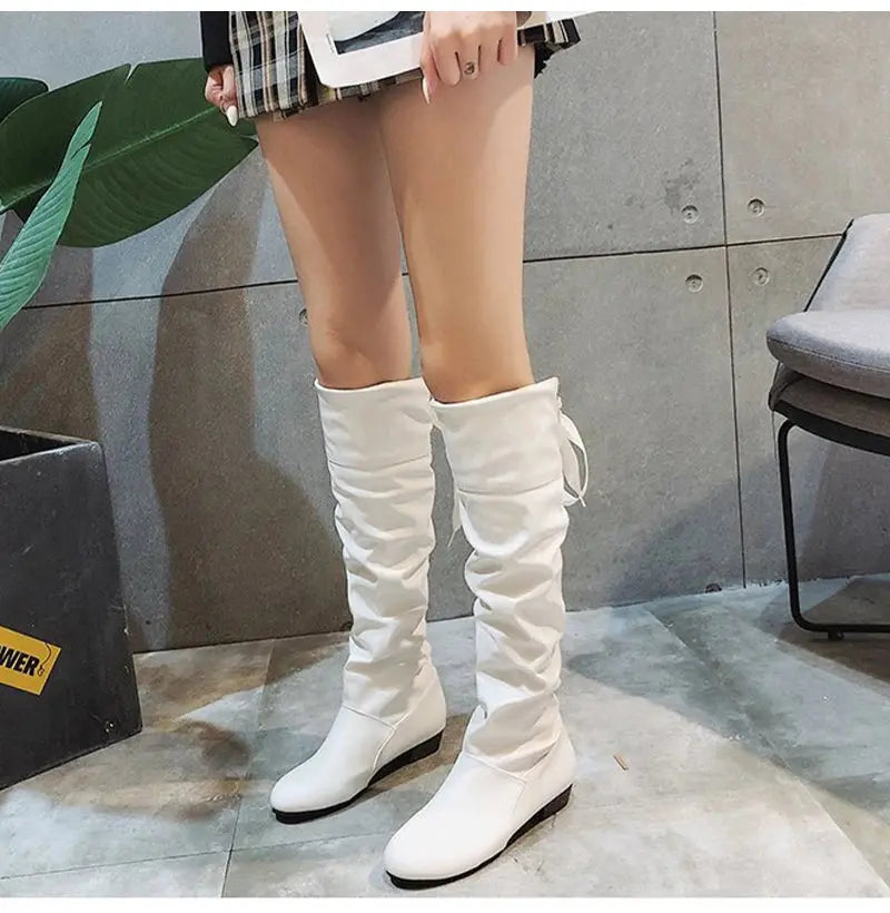TrenLux Wear Women's Pleated Lace-Up Knee-High Boots — Low Heel, Black, White & Red, Sizes 35–43 TrenLux Wear