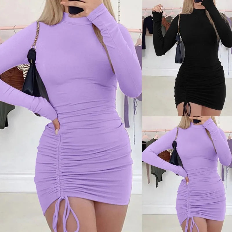 TrendLux Women's Polyester-Spandex Drawstring O-Neck Bodycon Dress