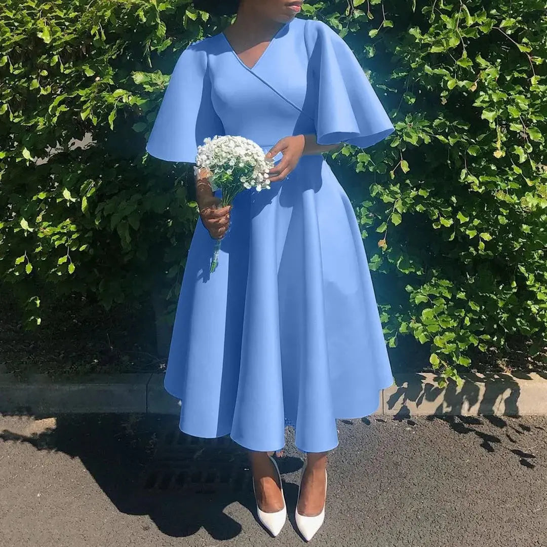 TrenLux Wear Women's Polyester High Waist Flare Sleeve Pleated A-Line Midi Dress The Glow Sanctuary
