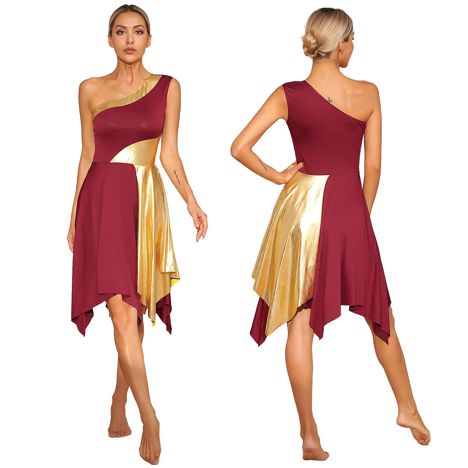 TrendLux Women's Polyester-Spandex One-Shoulder Metallic Lyrical Dance Worship Dress