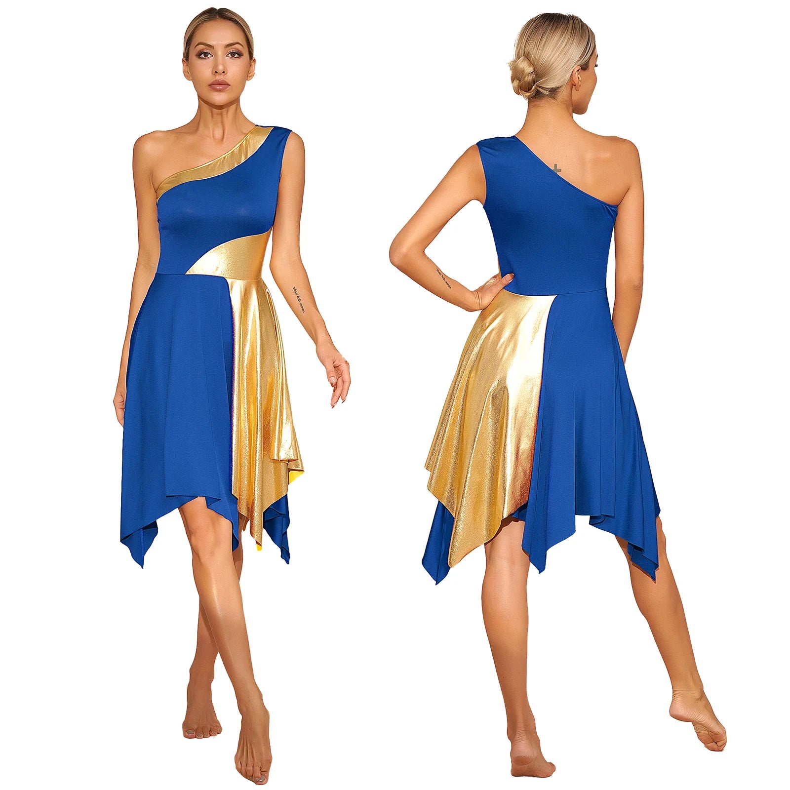 TrendLux Women's Polyester-Spandex One-Shoulder Metallic Lyrical Dance Worship Dress
