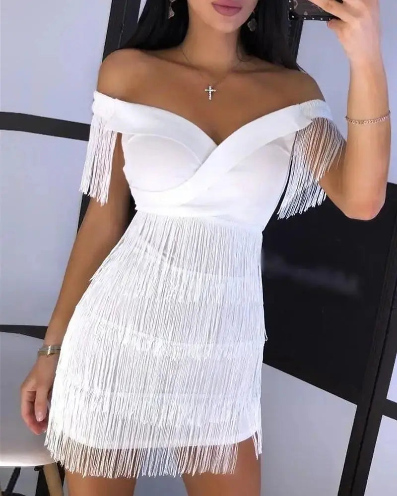 TrenLux Wear Women's Elastane One-Shoulder Fringed Slim-Fit Club Mini Dress The Glow Sanctuary