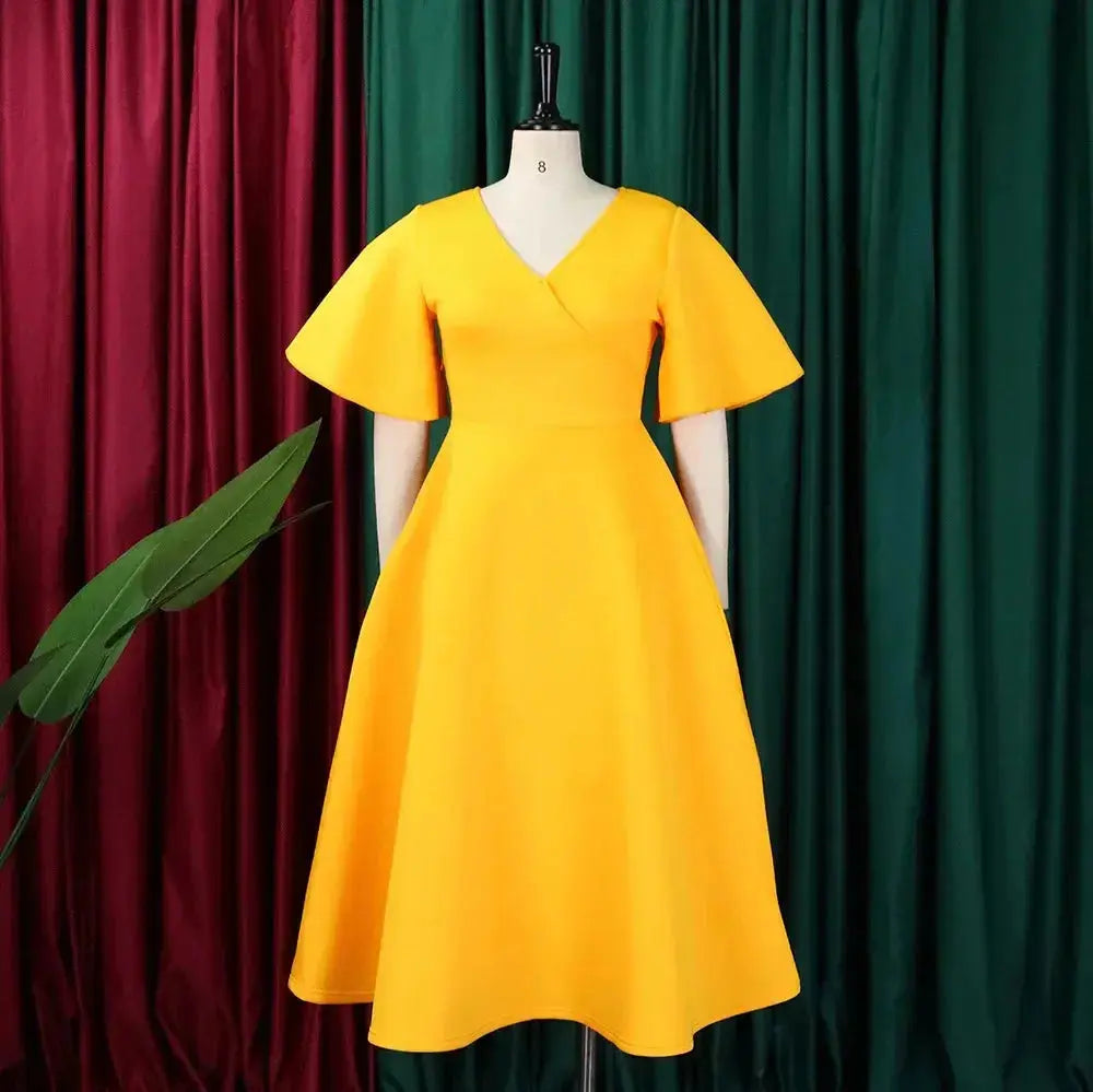 TrenLux Wear Women's Polyester High Waist Flare Sleeve Pleated A-Line Midi Dress The Glow Sanctuary