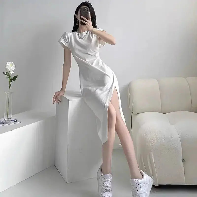TrenLux Wear Women's Cotton Y2K Asymmetrical Hem Casual Midi Dress The Glow Sanctuary